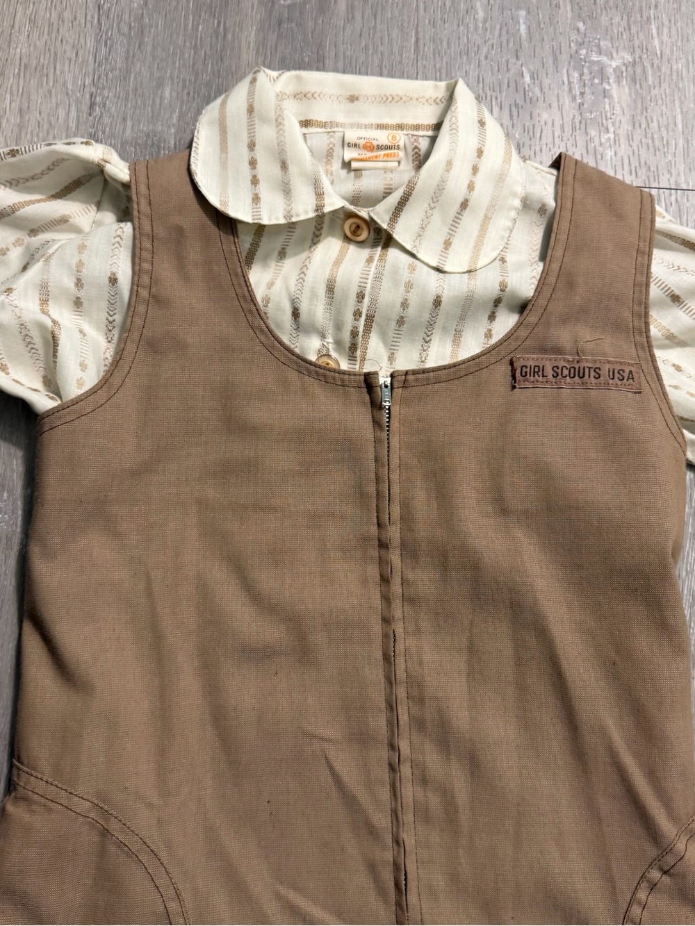 Vtg Girl Scouts Brownie Uniform 2-Piece Jumper Dress & Shirt Made in USA Size 8